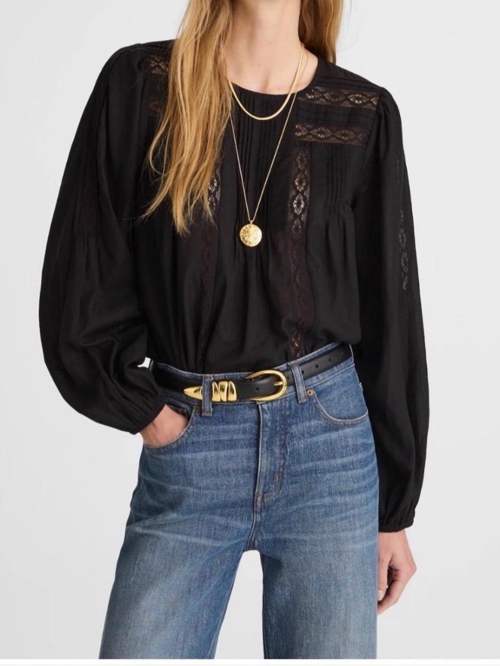 Madewell Lace Insert Pintuck Long Sleeve Blouse | Size Medium
